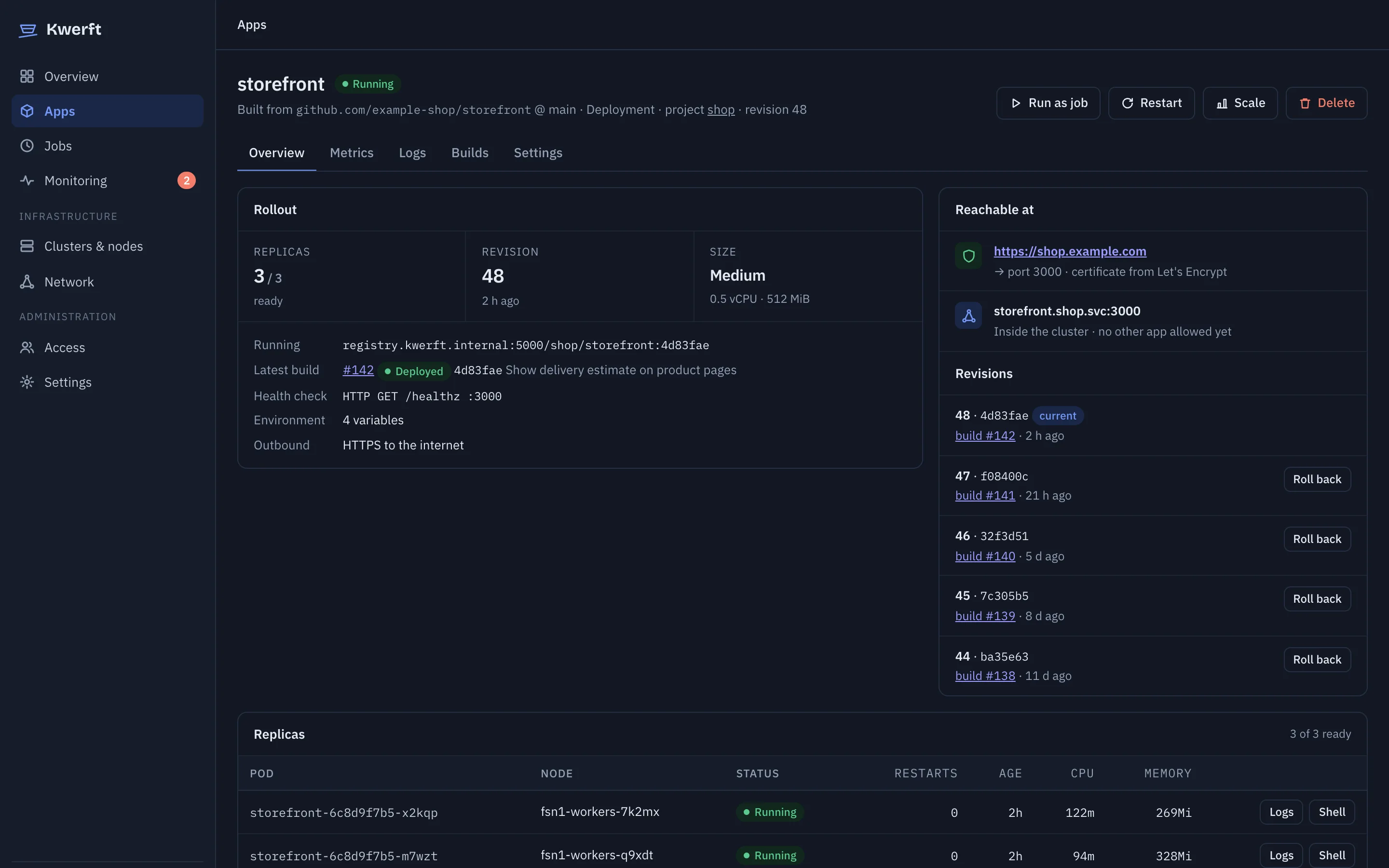 App detail page with replicas, revisions and reachable hostnames