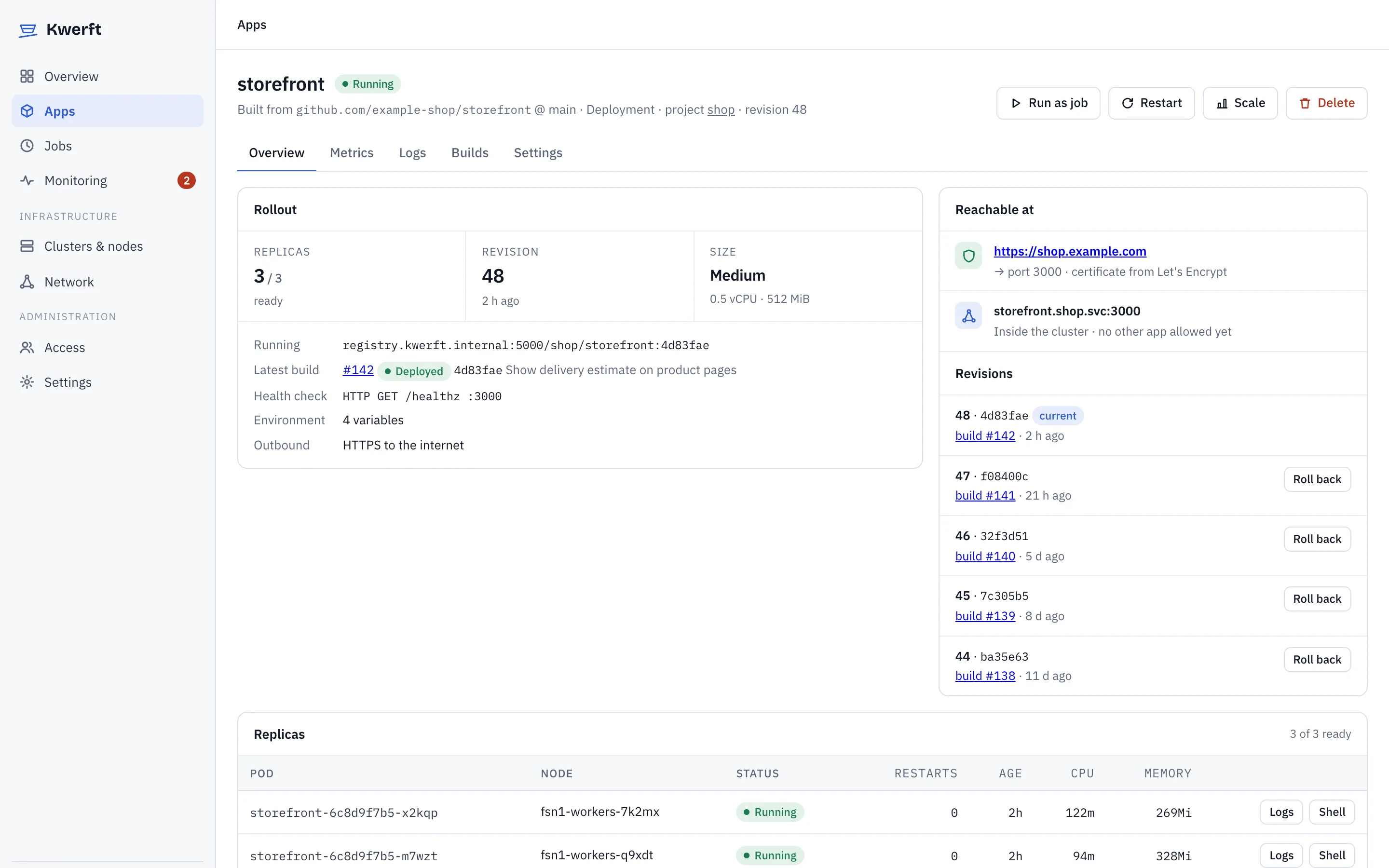 App detail page with replicas, revisions and reachable hostnames