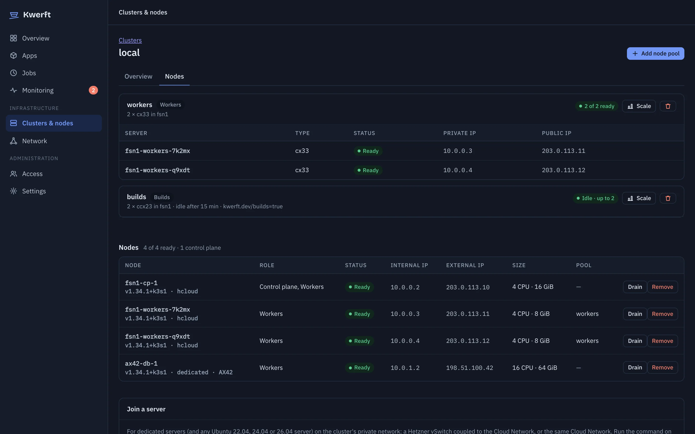 Node pools and nodes of the production cluster, including a dedicated server