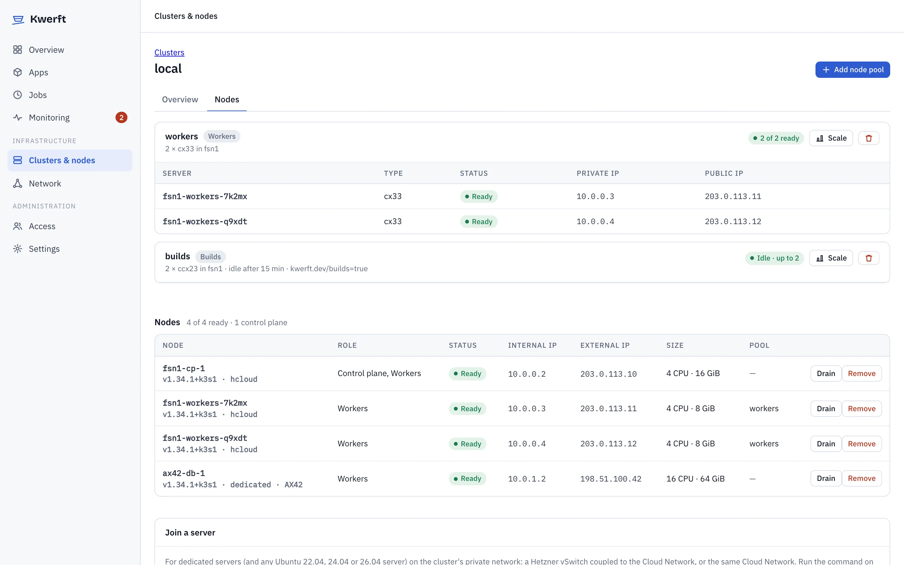 Node pools and nodes of the production cluster, including a dedicated server