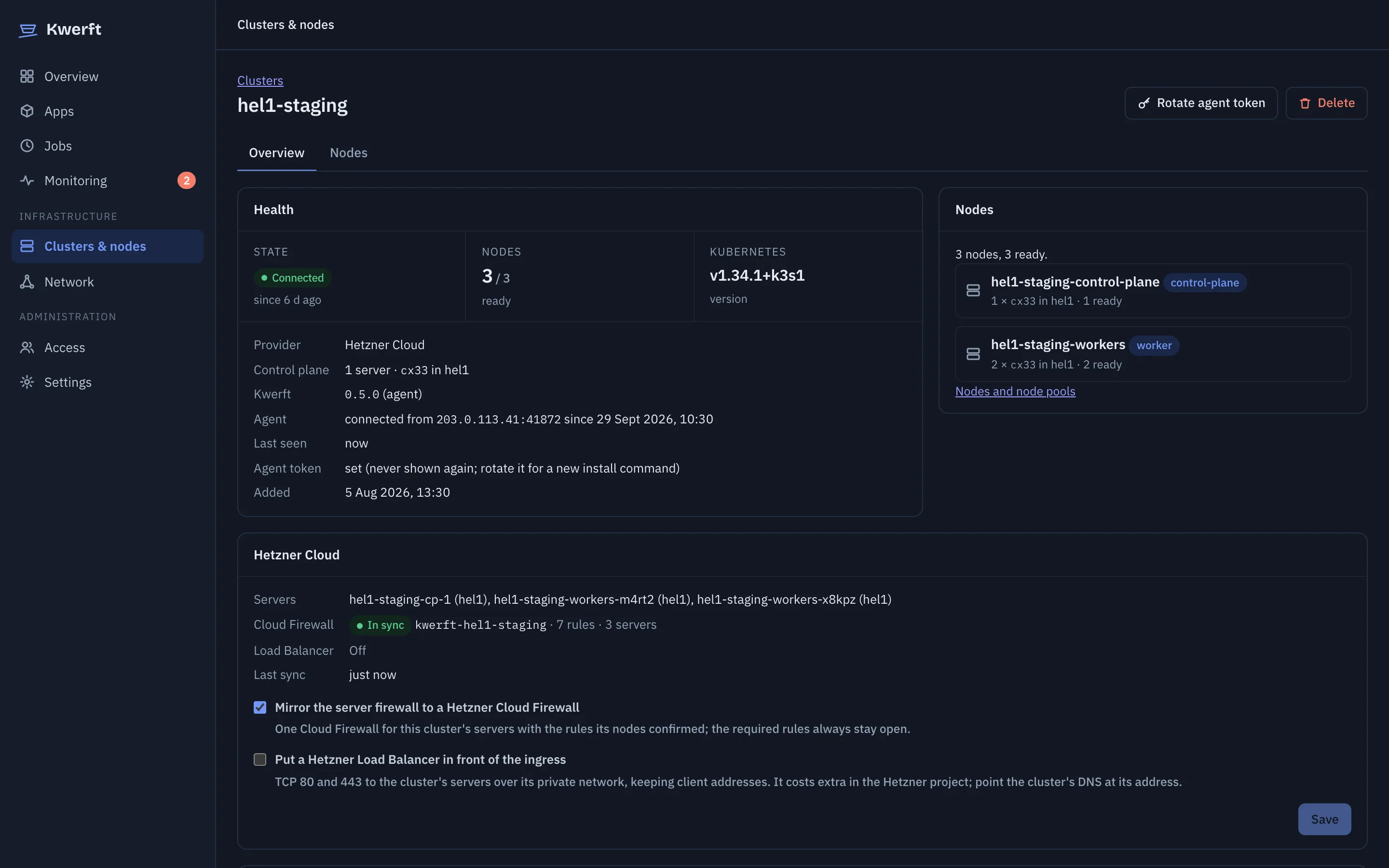 A remote cluster connected through its agent, with node pools and DNS records
