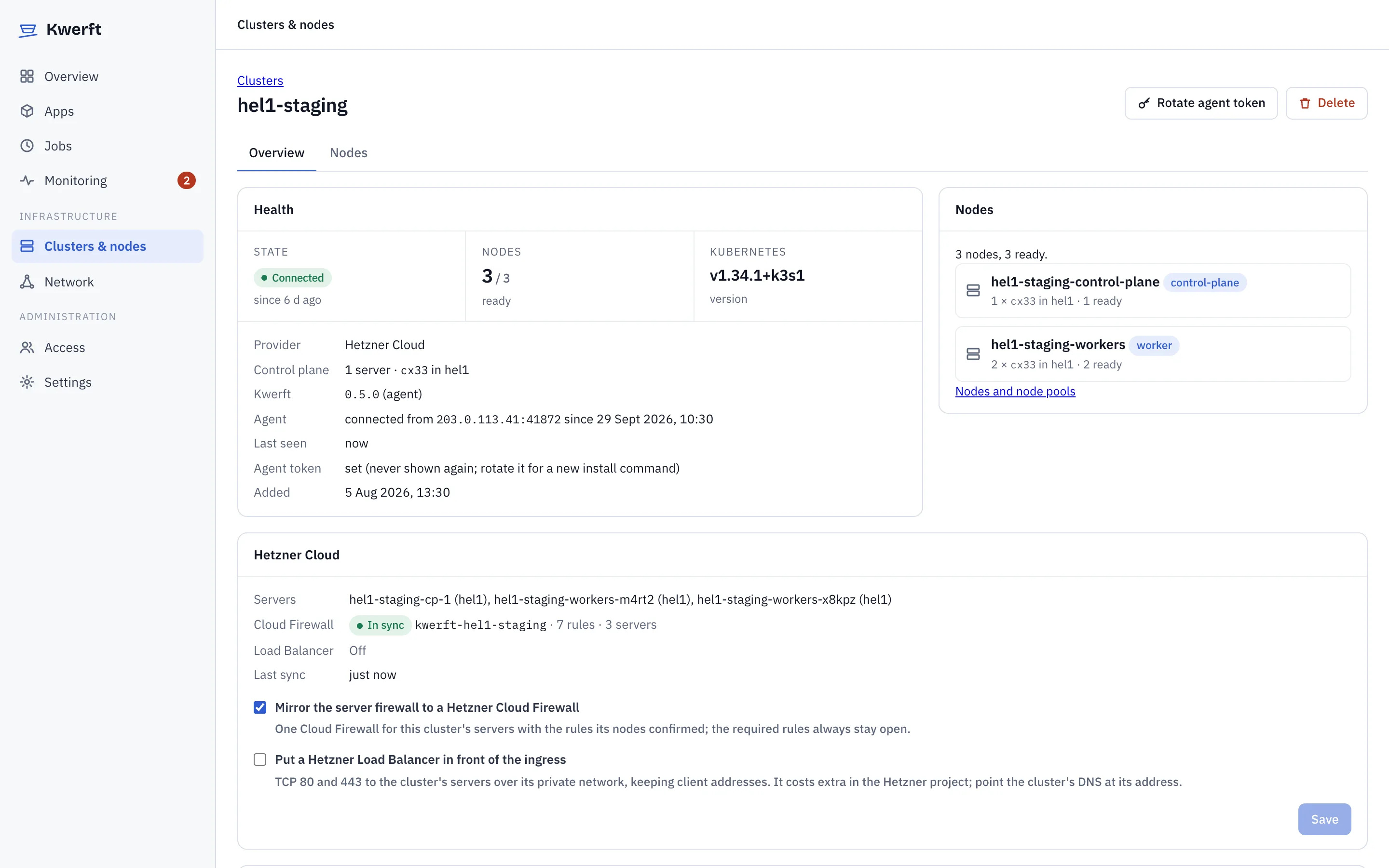 A remote cluster connected through its agent, with node pools and DNS records