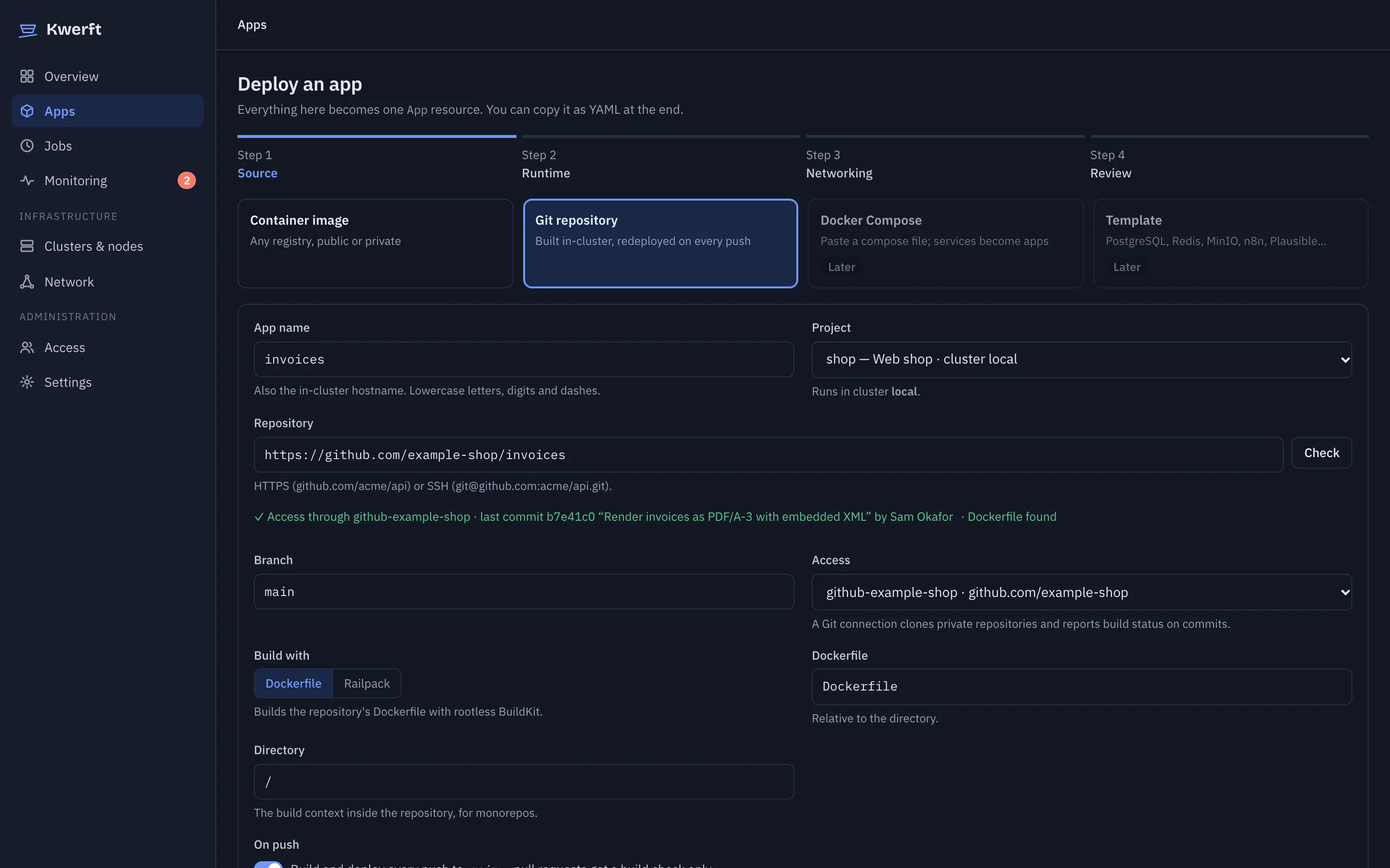 The Deploy an app form with a Git repository selected