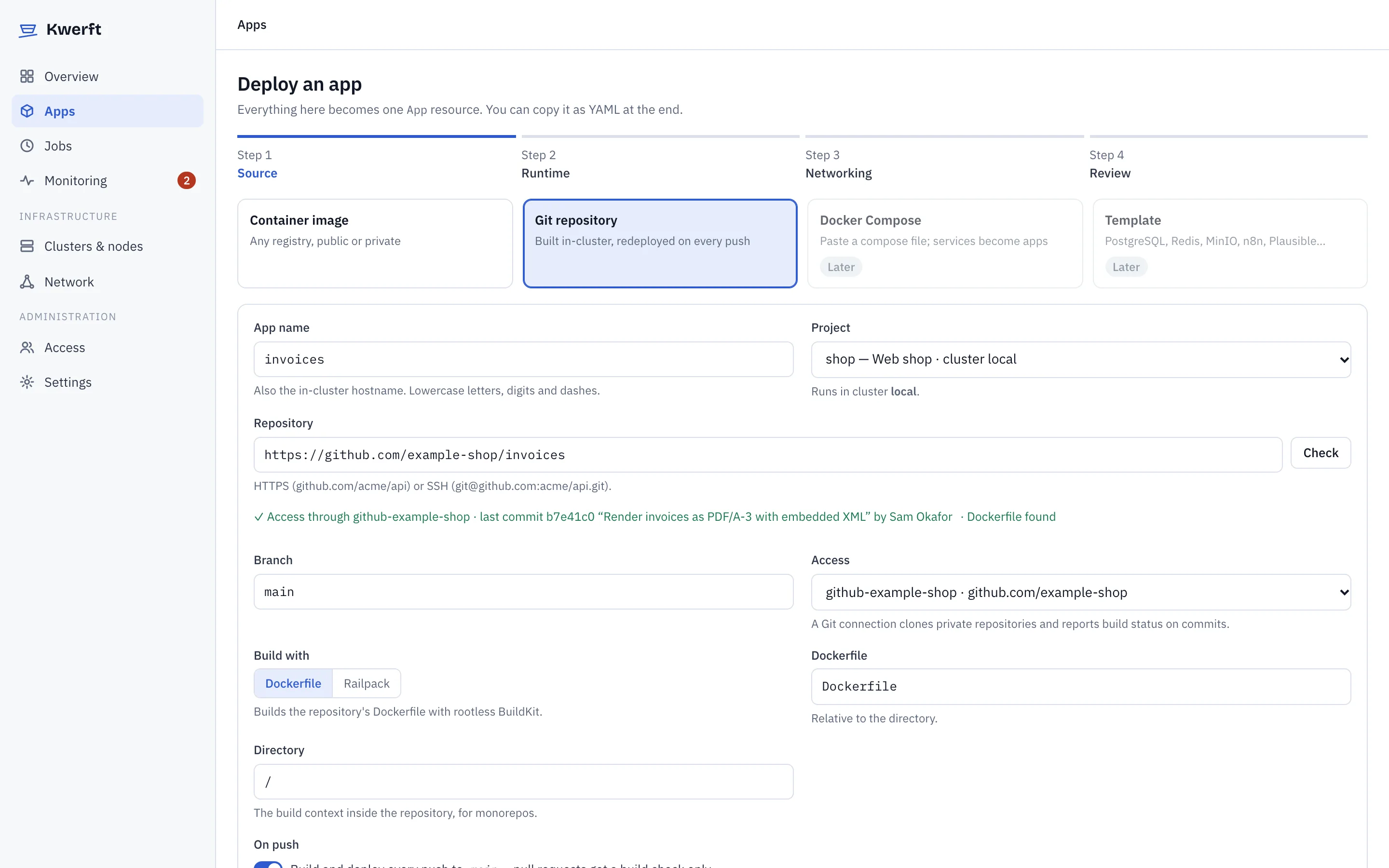 The Deploy an app form with a Git repository selected