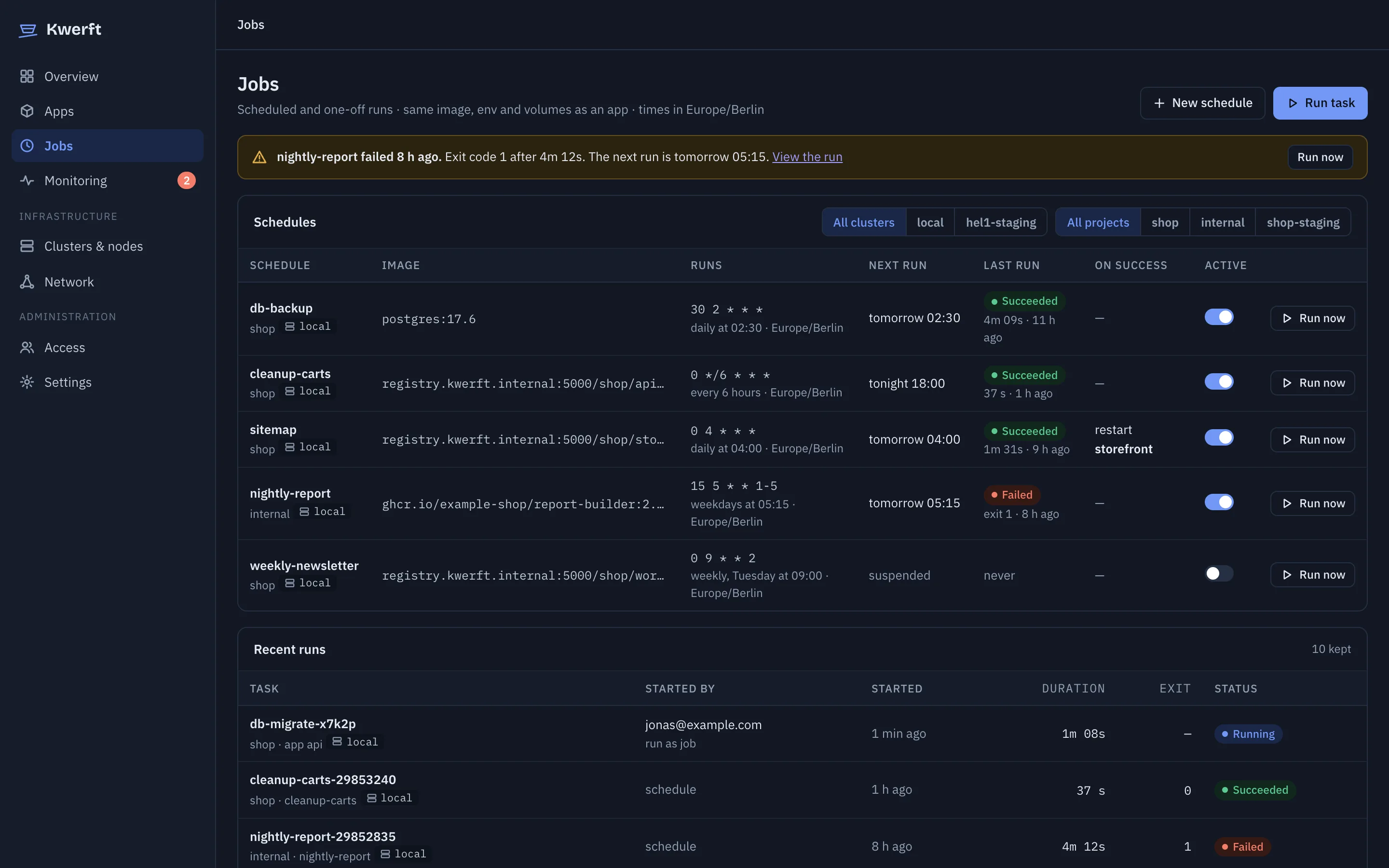 Jobs page listing schedules and recent runs