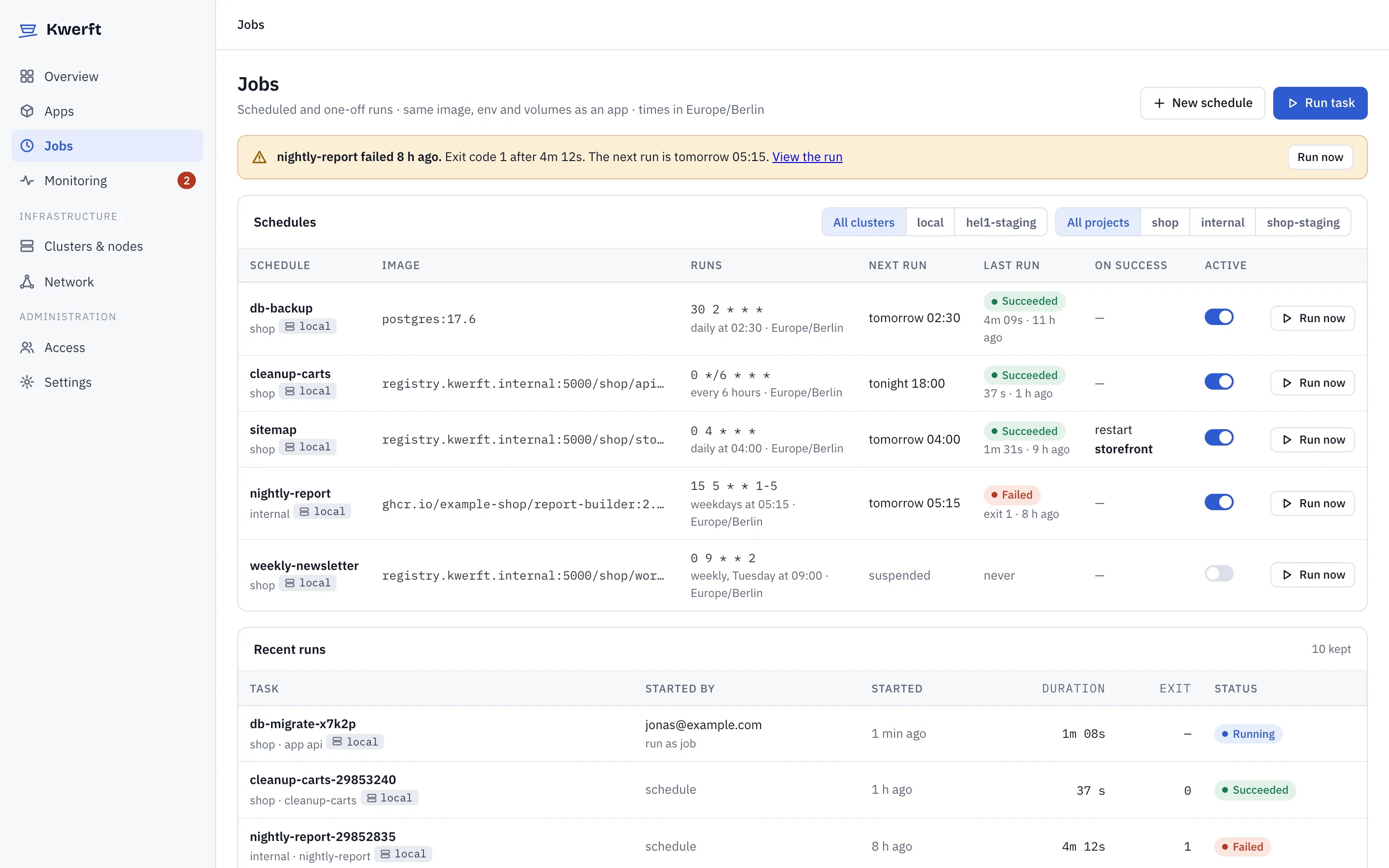 Jobs page listing schedules and recent runs