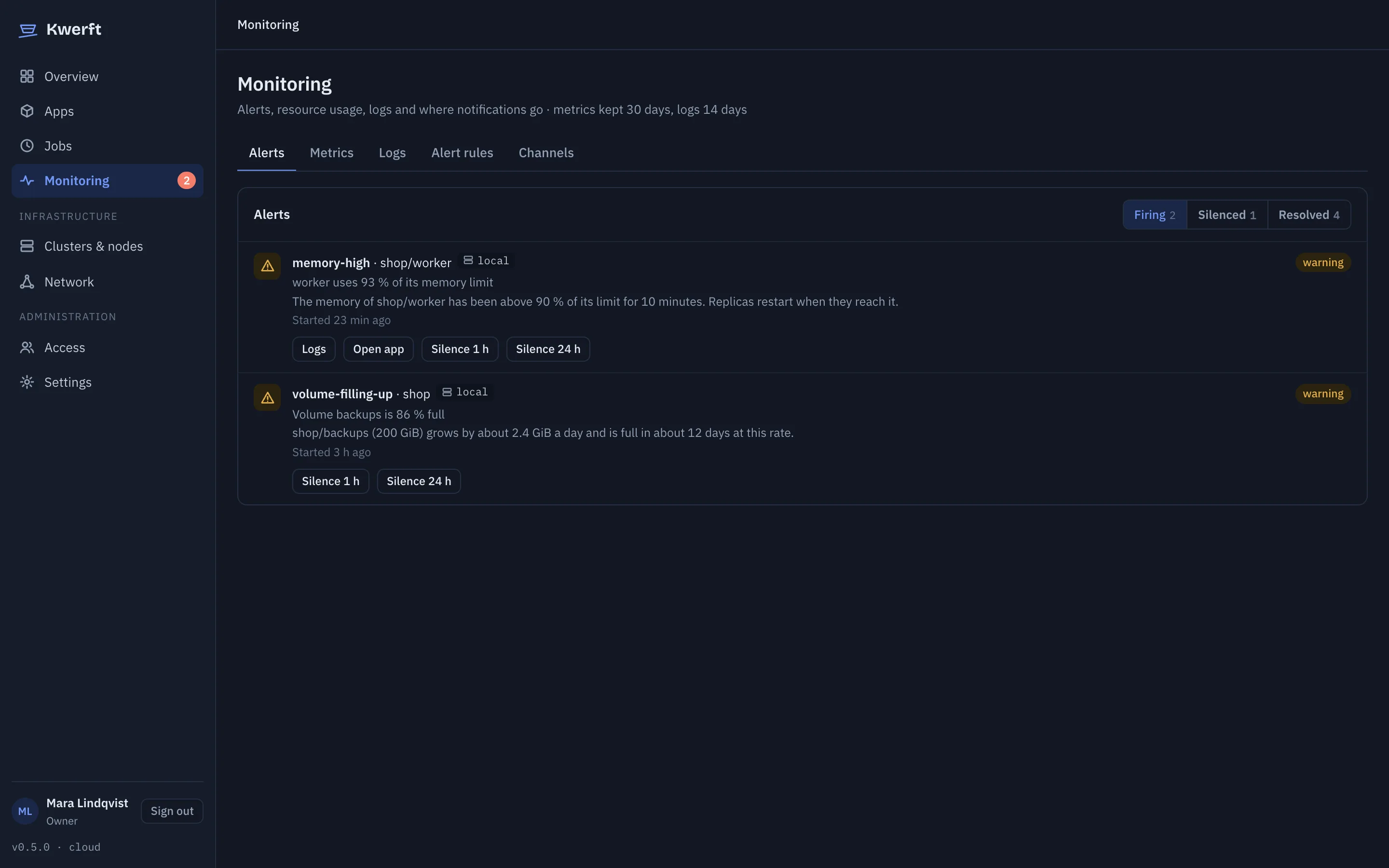 Two firing alerts with links to logs, the app and a silence button