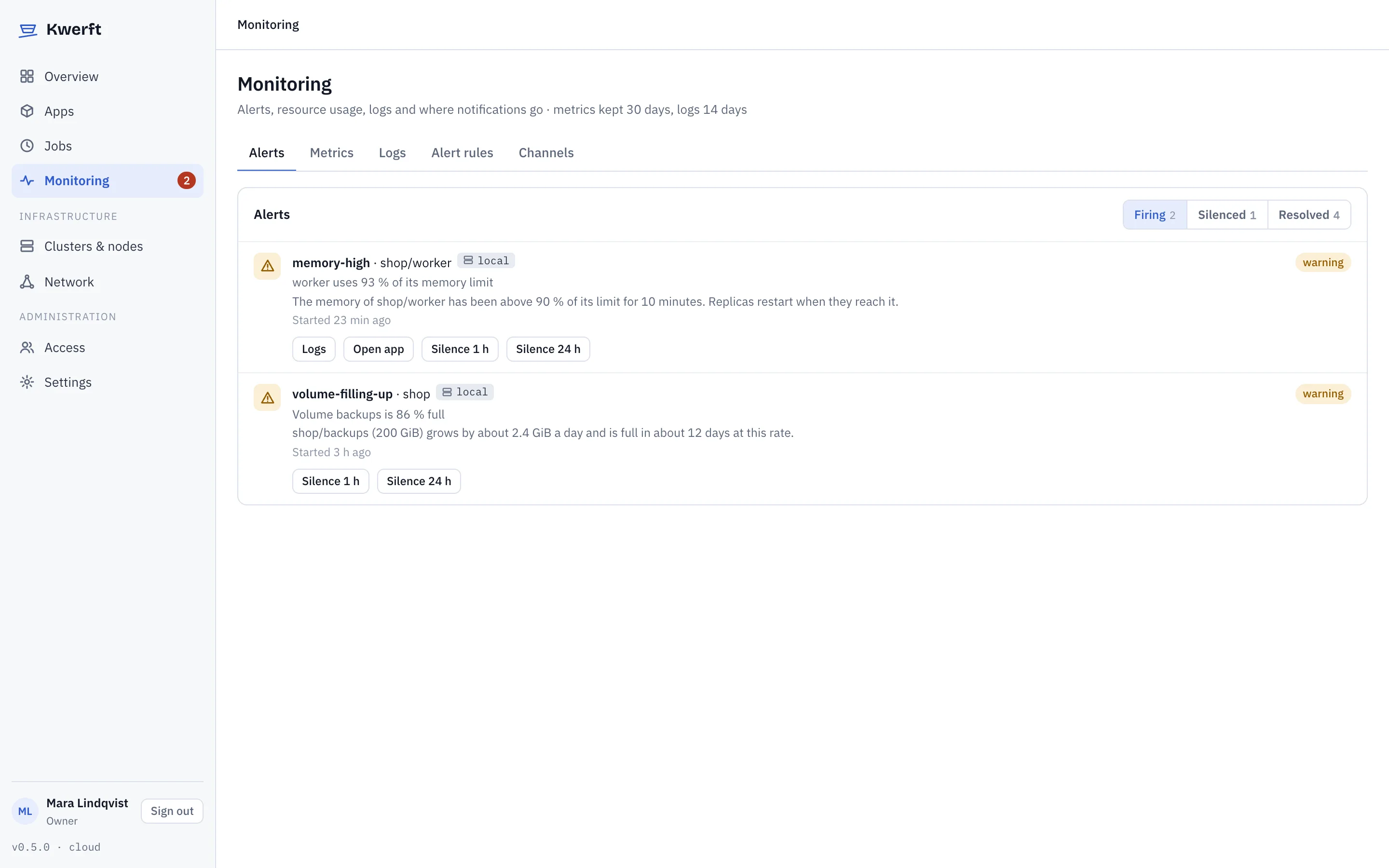 Two firing alerts with links to logs, the app and a silence button