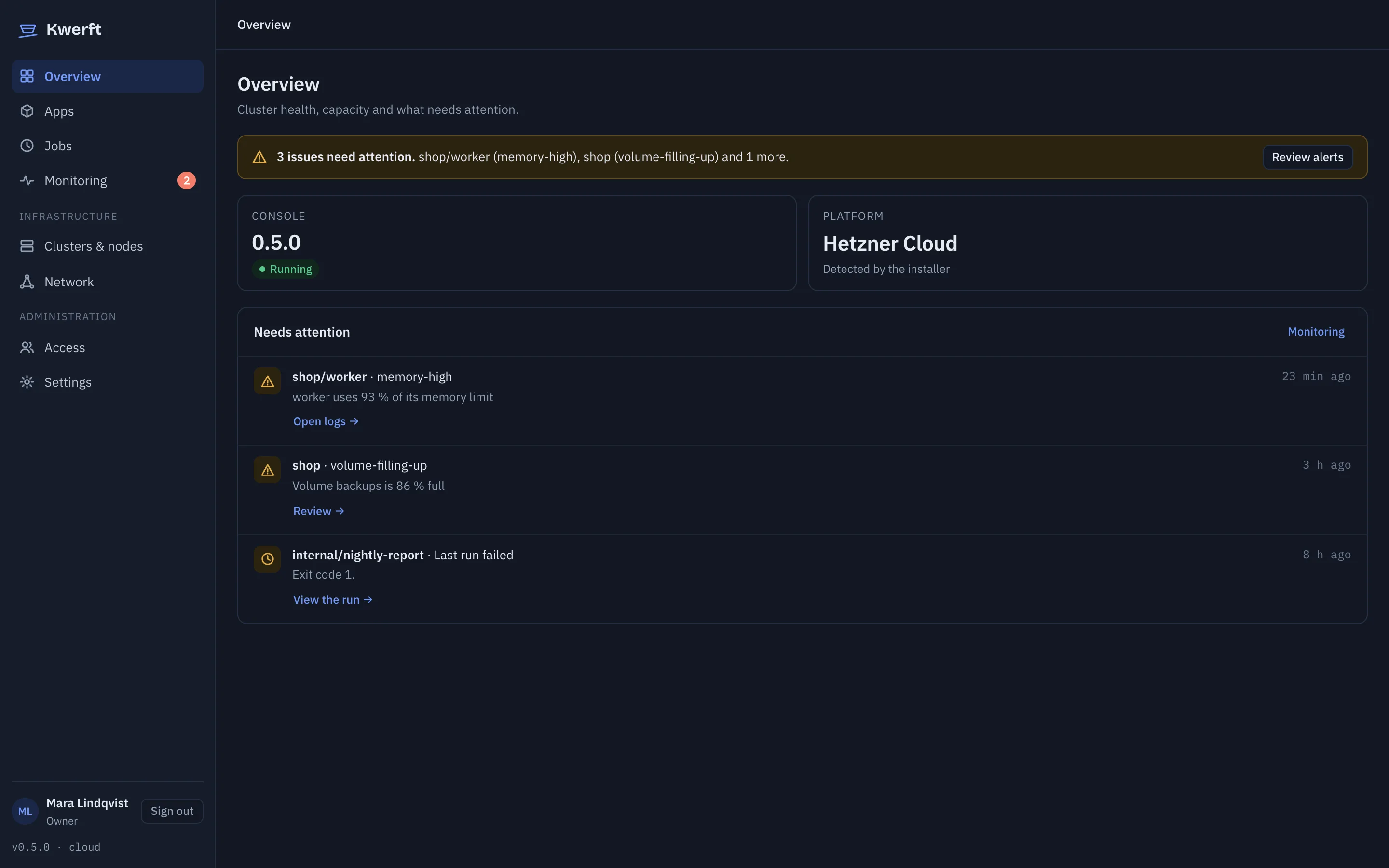 The Kwerft console overview: what needs attention across apps, volumes and jobs