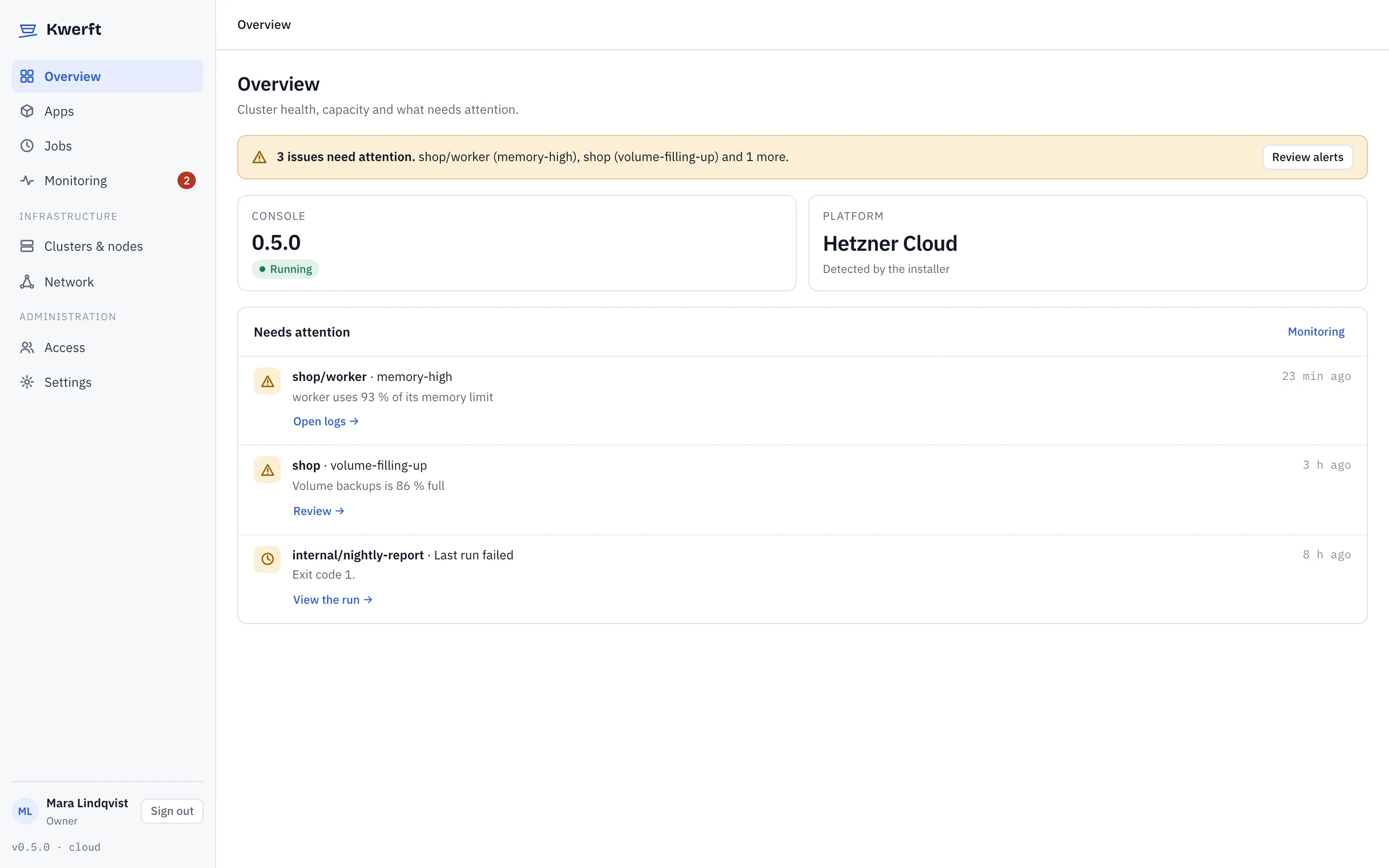 The Kwerft console overview: what needs attention across apps, volumes and jobs