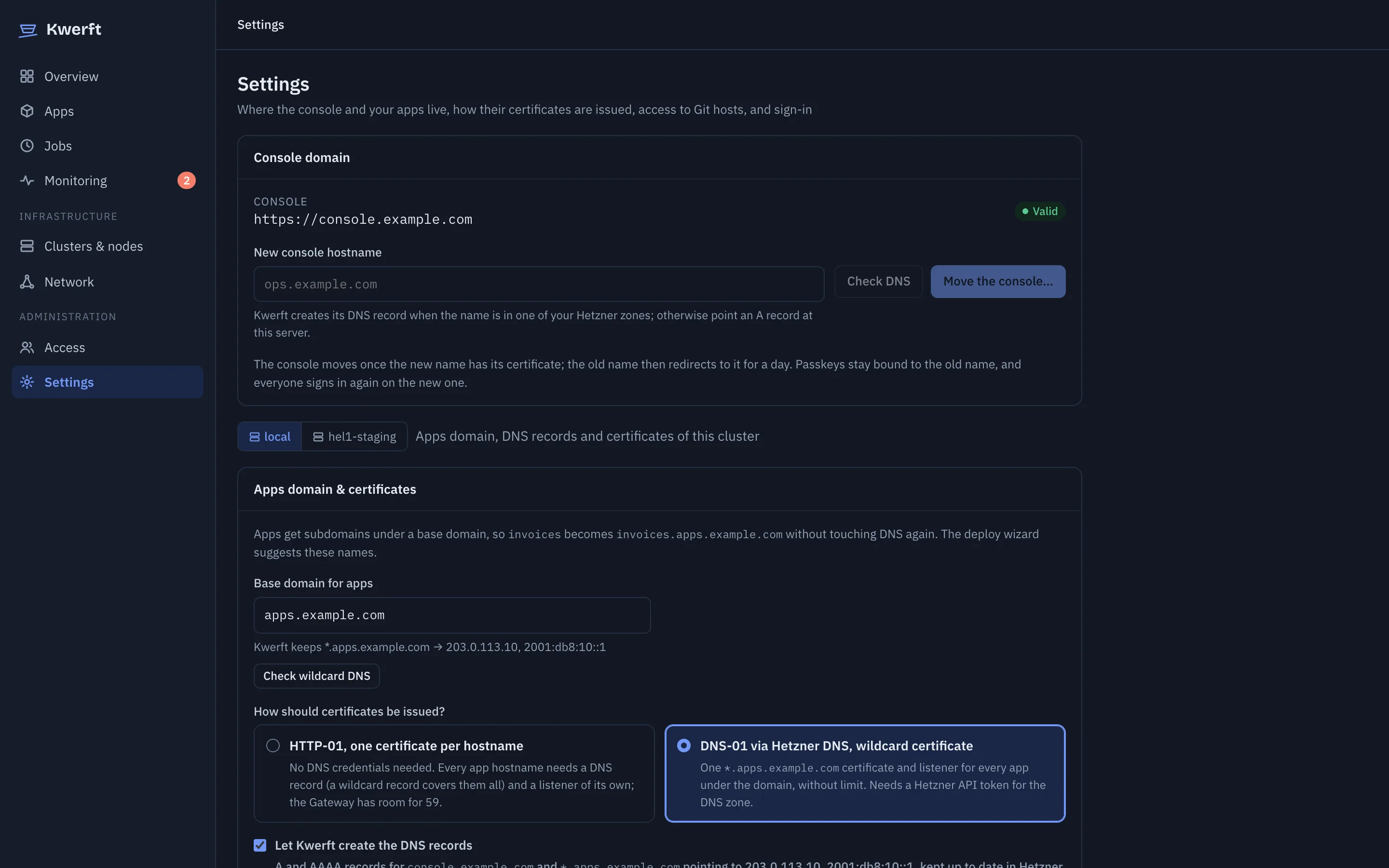 Settings with the console domain, apps domain and certificate options