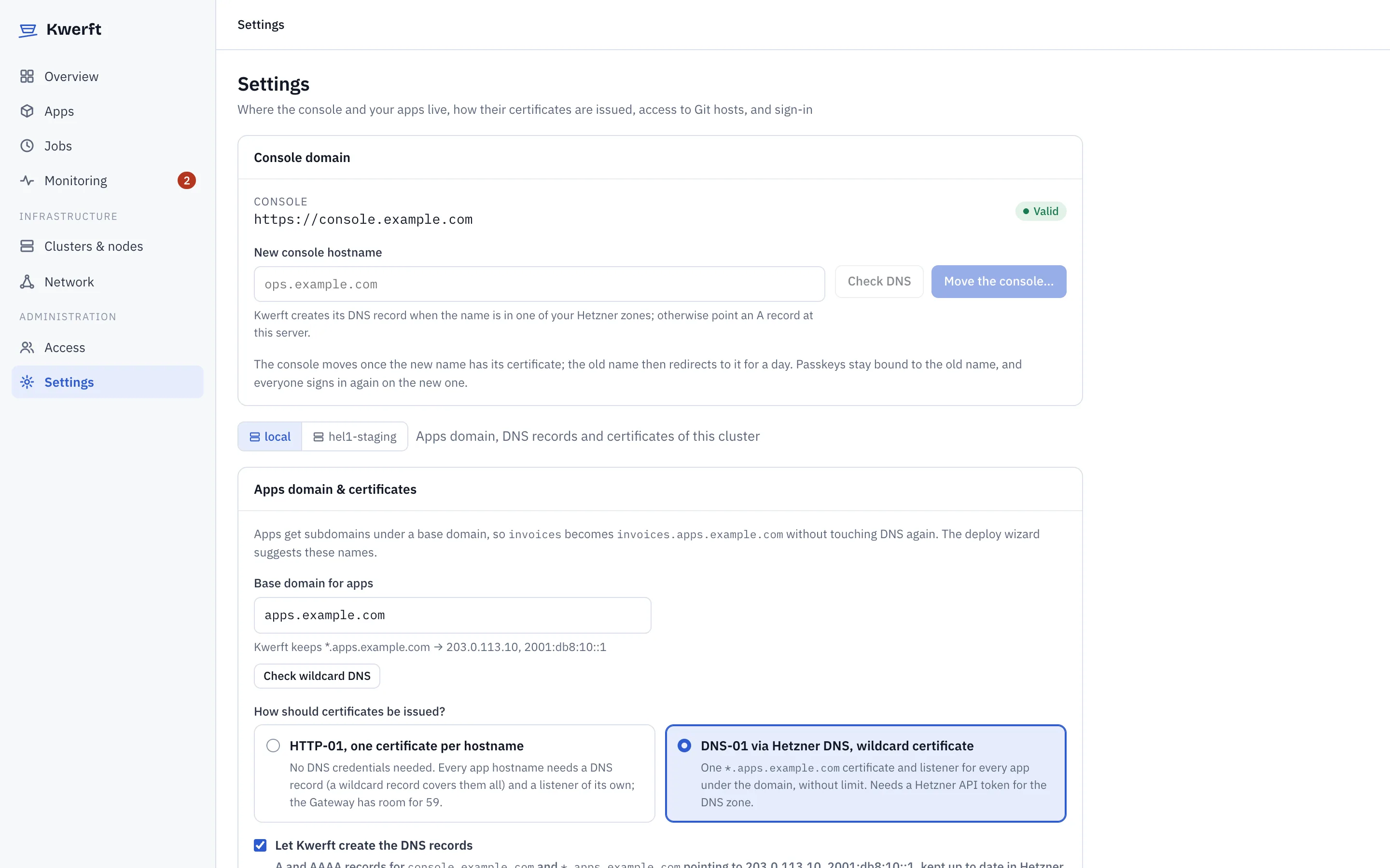 Settings with the console domain, apps domain and certificate options